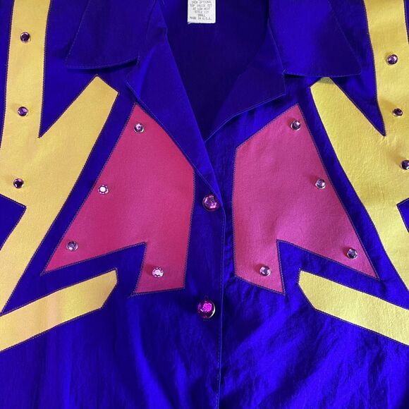 Vtg 80s Bedazzled Blazer / Shirt Wmn S Purple Yellow Lightening Bolts Halloween - Picture 8 of 10